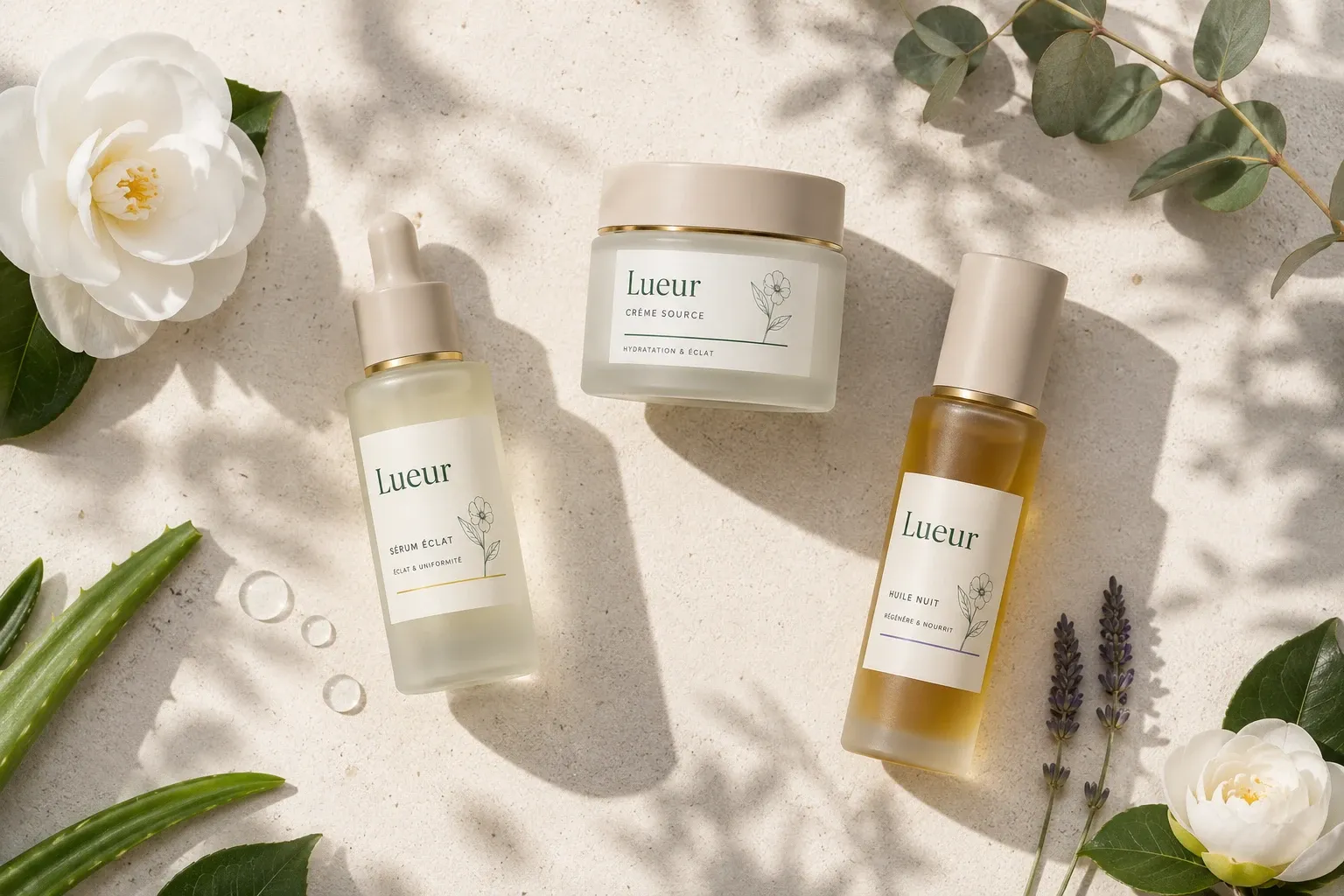La collection complète des soins Lueur — sérum, crème et huile